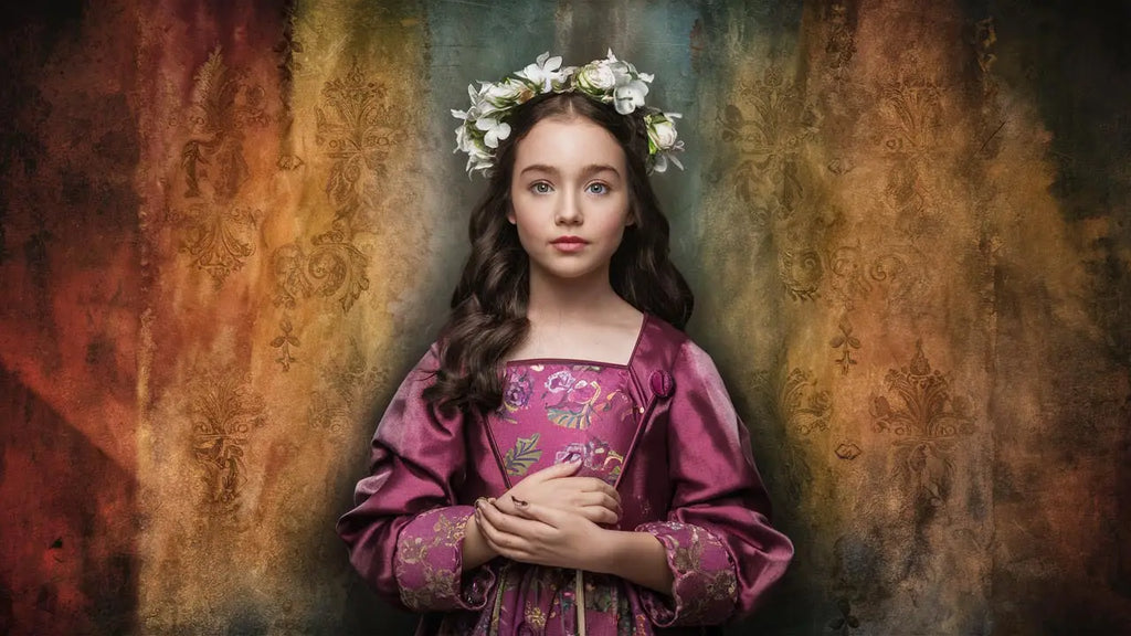 une jeune fille porte une robe en satin violet riche avec une broderie florale et une couronne de fleurs blanches délicate dans un article sur comment créer une toile personnalisée avec vos photos préférées
