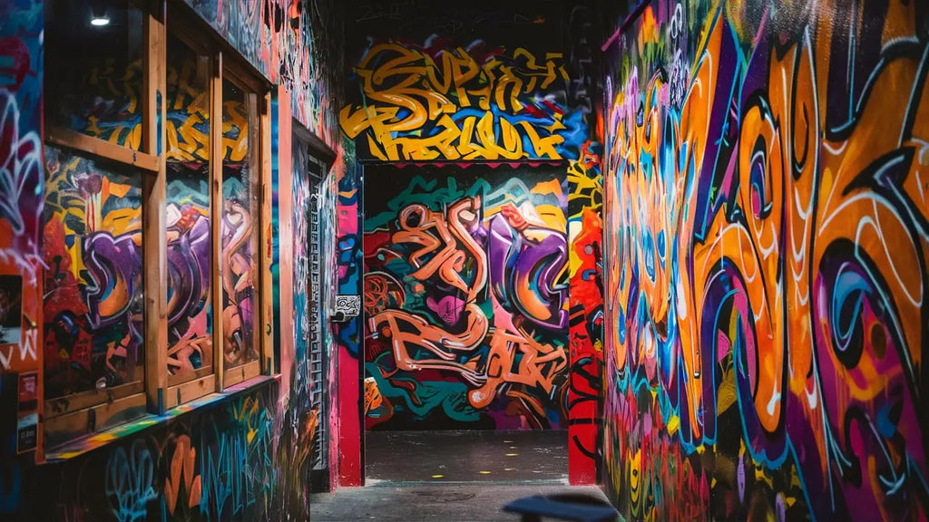 une maison décorée avec du street art unique présente une ruelle étroite aux murs couverts de graffitis vibrants et colorés