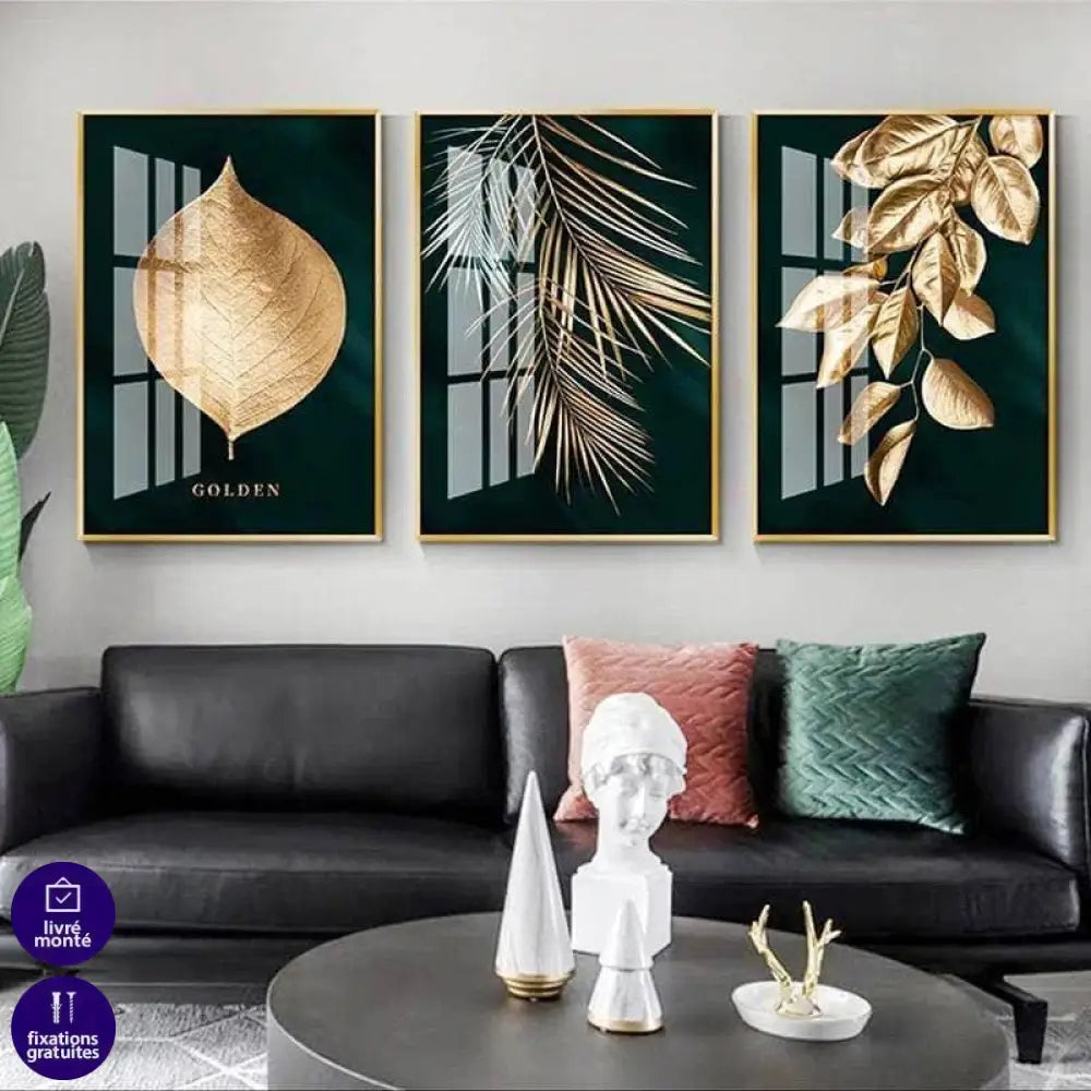 Les feuilles dorées Ensemble 3 pièces - Montableaudeco