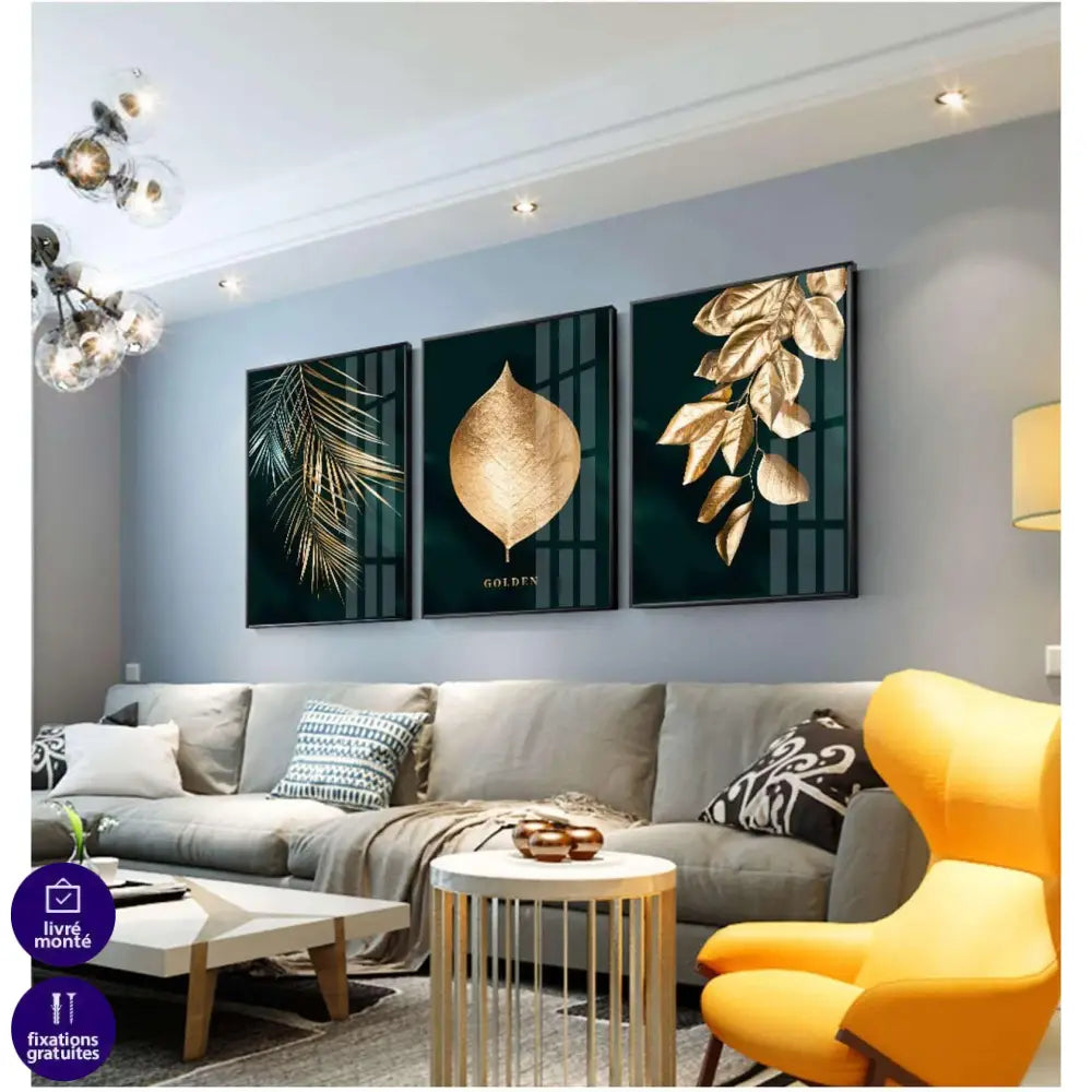 Les feuilles dorées Ensemble 3 pièces - Montableaudeco