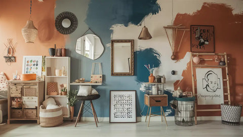 Un meuble étagère en bois blanc avec des compartiments ouverts et des paniers tressés devant un mur orange pour décorer vos murs avec des idées originales.