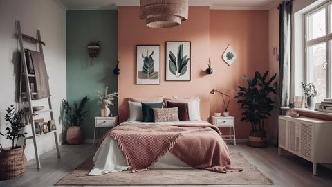 Le lit est décoré avec une couverture rose douce et texturée ainsi quun assortiment de coussins dans des tons terreux atténués dans un article sur décorer vos murs avec des idées originales.
