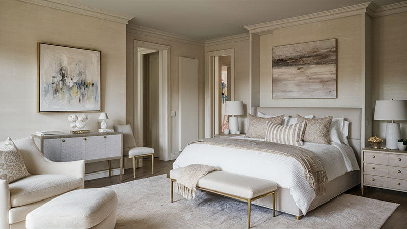 un lit rembourré blanc en peluche avec une tête de lit capitonnée et plusieurs coussins dans des tons neutres pour décorer sa chambre avec style conseils simples et efficaces