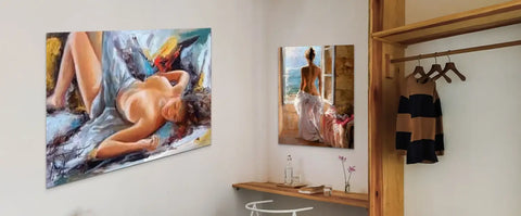 Le tableau femme nue dans lart montre une toile vibrante peinte à lhuile représentant une femme nue allongée sur un tissu coloré.