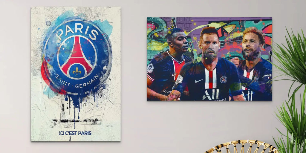 tableau paris saint germain en toile avec logo du club de football paris saint germain effet peinture éclaboussée et texte ici c est paris