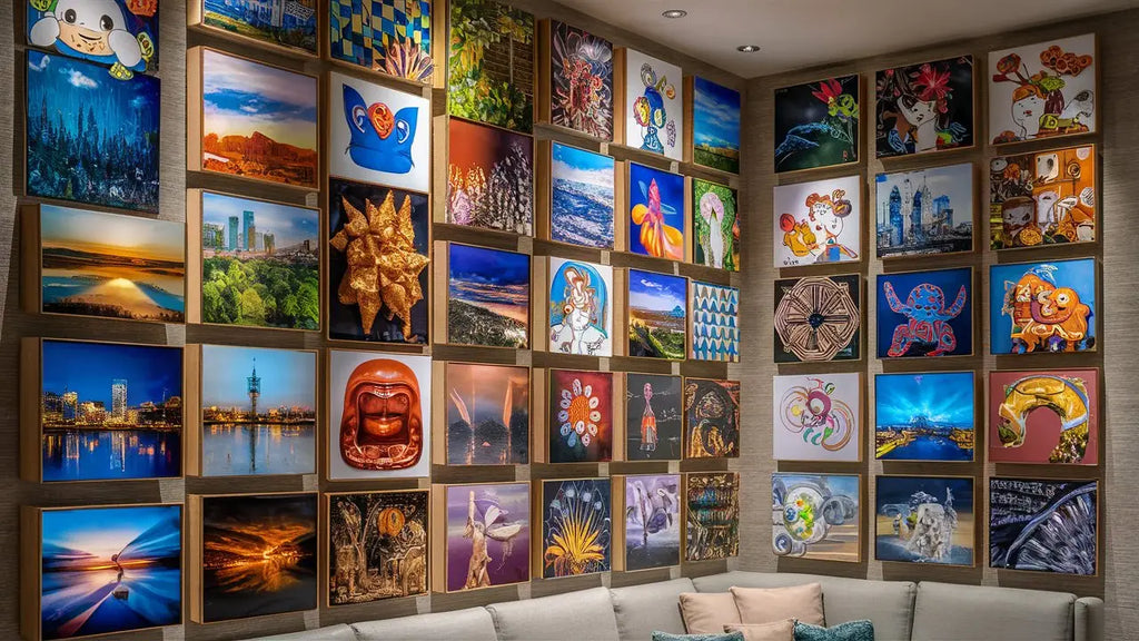 un mur décoré dune collection vibrante de tableaux encadrés dans des cadres en bois assortis présentant divers styles et sujets