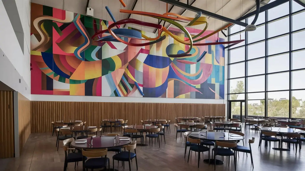 Tableau mural abstrait vibrant avec motifs géométriques colorés en rouge bleu jaune et vert pour choisir le bon tableau selon sa taille