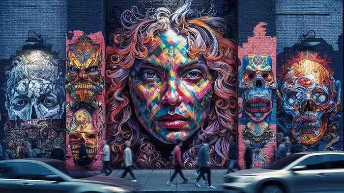 mural de street art vibrant avec visage en mosaïque multicolore, cheveux bouclés et motifs géométriques complexes, parfait pour décorer un mur urbain