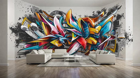 vibrant graffiti mural multicolore avec traits audacieux et éclaboussures décorant un mur pour une inspiration artistique dans une décoration moderne