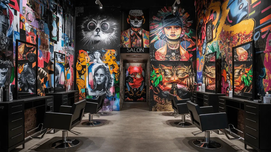 les murs du salon sont décorés avec une peinture murale contemporaine vibrante et éclectique comprenant des graffitis colorés et des images surréalistes.