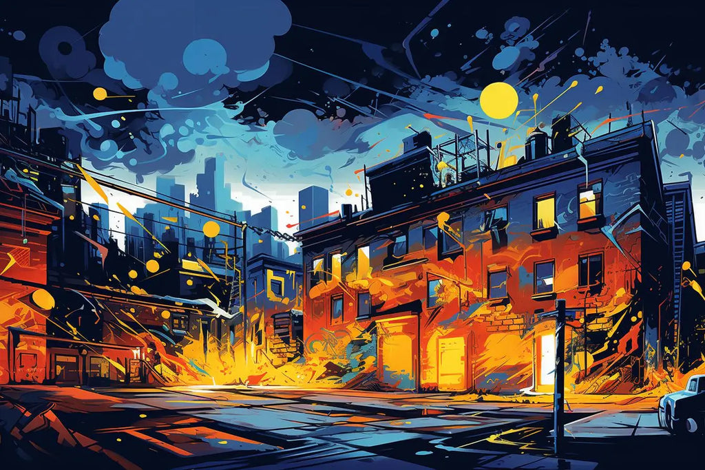 une ville stylisée vibrante la nuit avec des teintes orange et jaune flamboyantes illuminant les bâtiments contre un ciel bleu foncé dans un article sur les secrets de fabrication des tableaux graffiti.