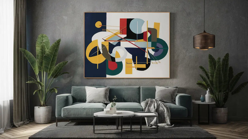 peinture abstraite géométrique sur toile avec des couleurs primaires et secondaires vives encadrée d’une bordure blanche simple pour jouer avec les contrastes dans une déco moderne