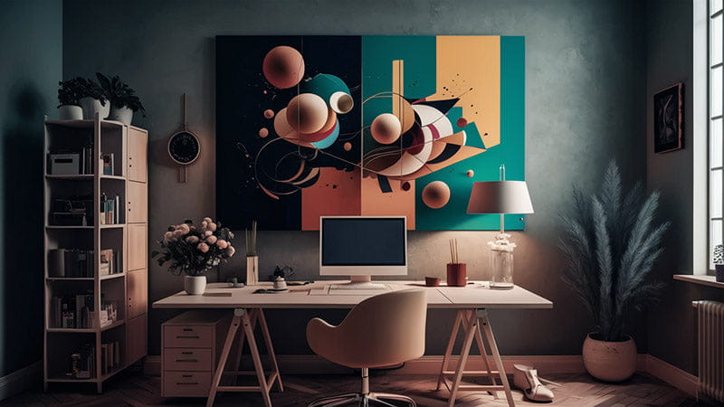 un tableau abstrait moderne avec des formes géométriques audacieuses et des sphères flottantes en teal orange beige et noir pour décorer un bureau selon les conseils simples et pratiques de lart abstrait