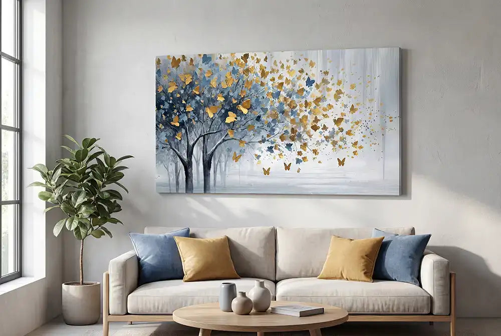 Une peinture abstraite moderne sur toile représentant un arbre aux feuilles dorées et bleues tombantes, accrochée au-dessus d'un canapé beige.