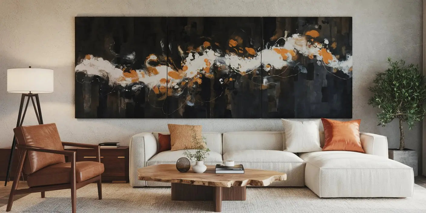 tableau décoratif abstrait noir blanc et orange avec coups de pinceau audacieux pour transformer votre salon