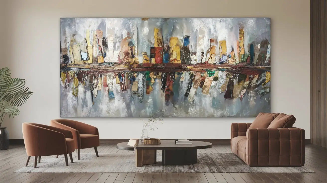 un grand tableau abstrait de paysage urbain avec des coups de pinceau texturés en gris atténués, bleus et jaunes chauds pour décorer et transformer votre salon.