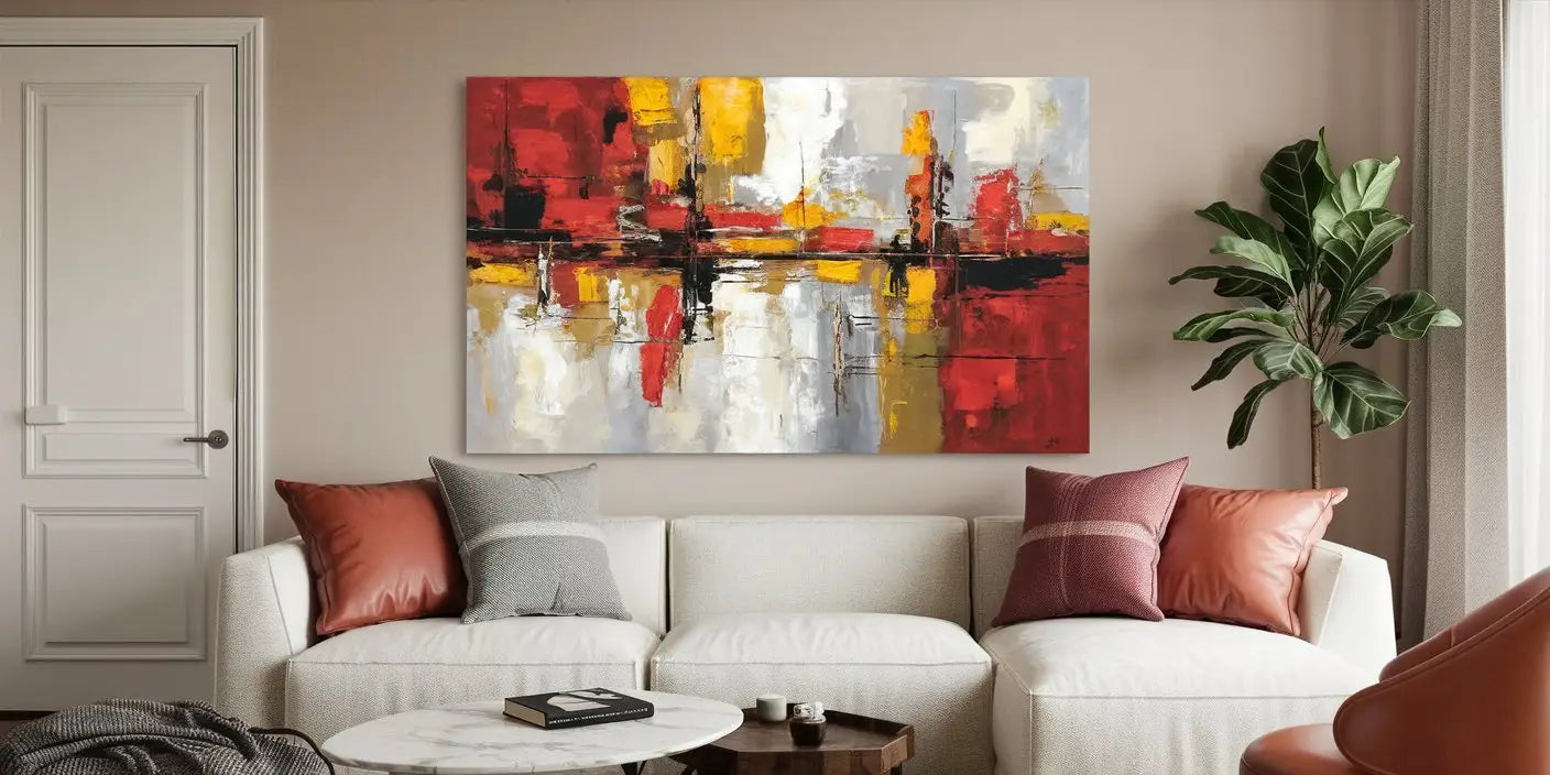 tableau décoratif abstrait avec larges coups de pinceau rouges jaunes et blancs reflétant un paysage urbain moderne pour transformer votre salon