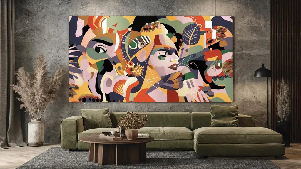 tableau abstrait vibrant avec visages stylisés et feuillage en orange vert violet et jaune pour tendances de couleurs et motifs en décoration contemporaine