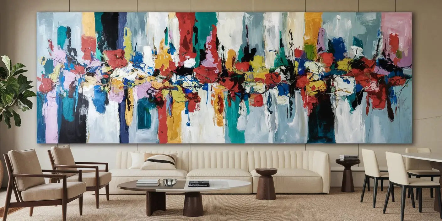 Tableau décoratif abstrait vibrant avec de larges coups de pinceau rouges bleus jaunes et noirs sur fond clair pour transformer votre salon.