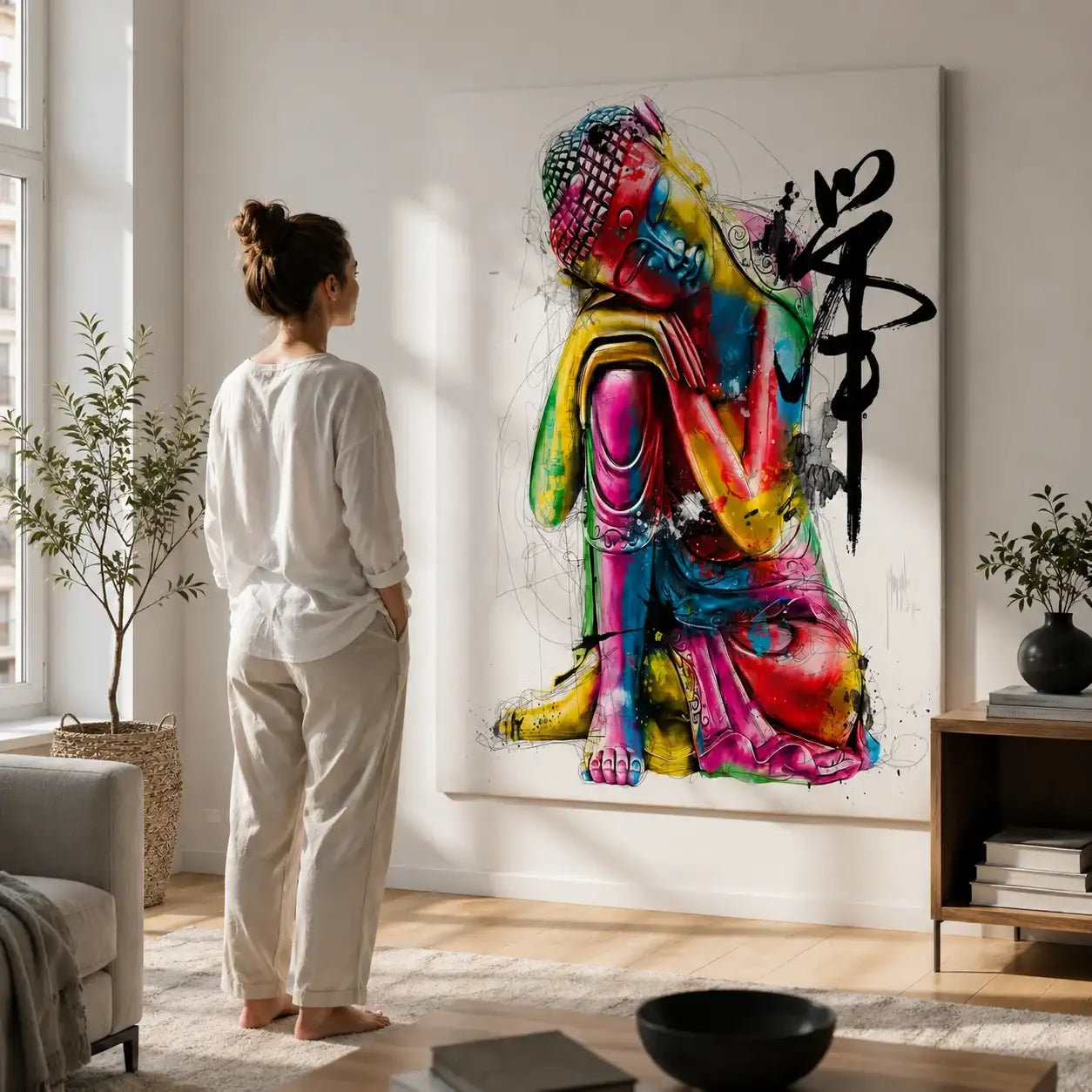 Peinture abstraite vibrante de bouddha avec des teintes arc-en-ciel audacieuses et une calligraphie noire sur une toile blanche.