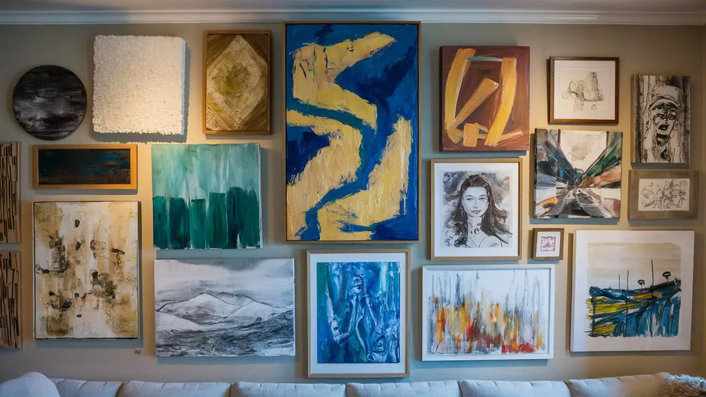 une peinture abstraite vibrante avec des coups de pinceau jaunes et bleus audacieux encadrée dans un cadre en bois simple pour construire une belle collection de tableaux assortis