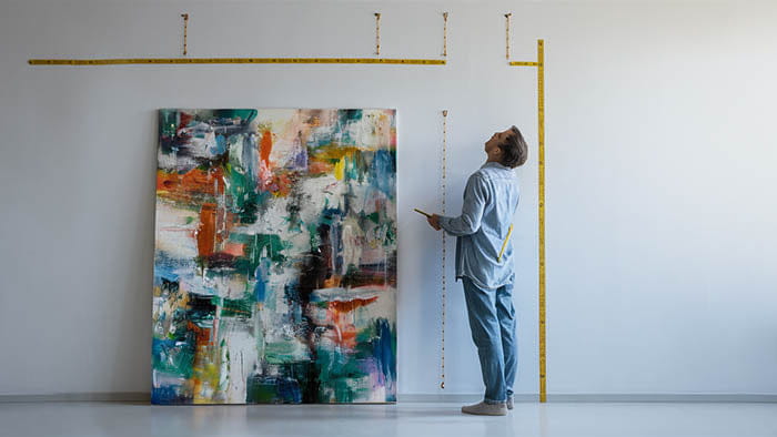 une peinture abstraite vibrante avec des coups de pinceau audacieux verts, orange, bleu et blanc sur une toile dans un article sur les améliorations techniques pour tableaux contemporains