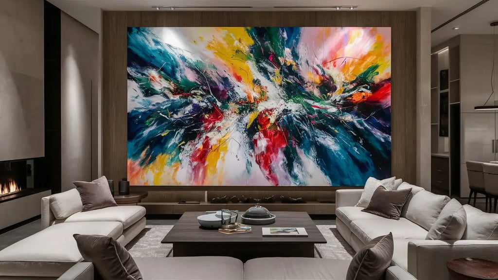 une peinture abstraite vibrante avec des éclaboussures audacieuses de bleu, jaune, rouge et blanc sur une toile pour intégrer lart abstrait à la maison