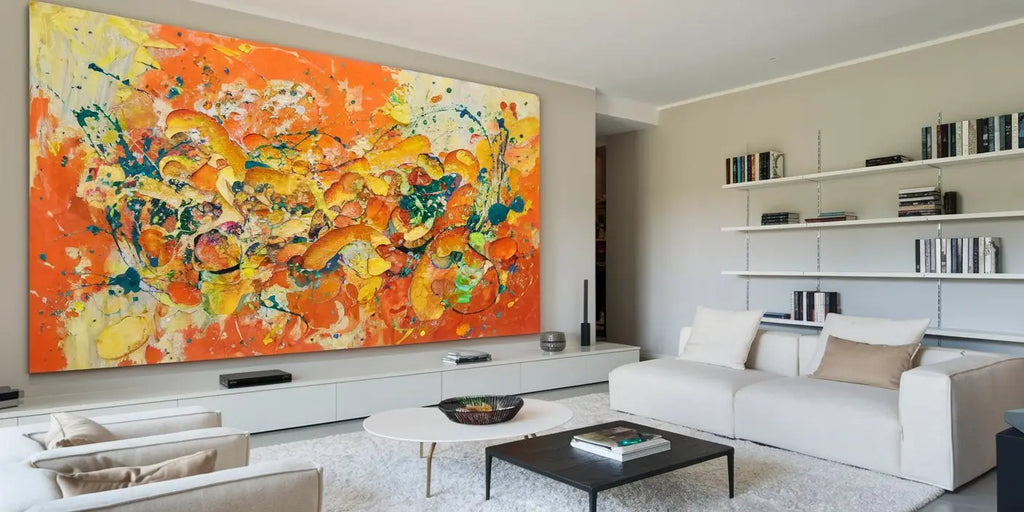 Vibrant abstract painting with bold orange yellow and green splashes on canvas to transform your living room with decorative paintings.