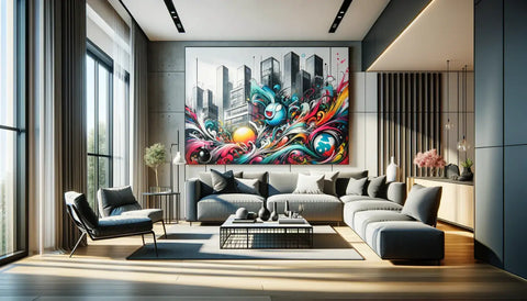 une peinture murale abstraite et vibrante représentant un paysage urbain avec des couleurs tourbillonnantes et des formes géométriques audacieuses intégrée dans un salon moderne et épuré.