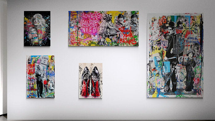 Vibrant graffiti-style canvas paintings with bold colors and iconic figures perfect to embellish your living room.