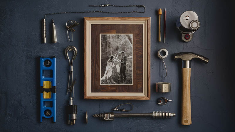 photographie artistique en noir et blanc d un couple en tenue de mariage avec cadre en bois pour décorer vos murs