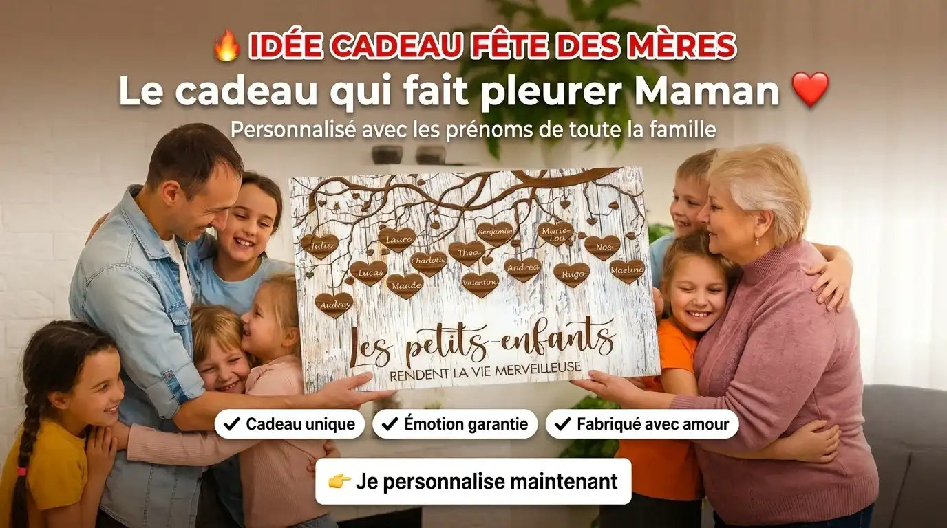 Plaque en bois blanc en forme d'arbre généalogique familial avec noms gravés et étiquettes en forme de cœur, personnalisée pour la fête des mères.