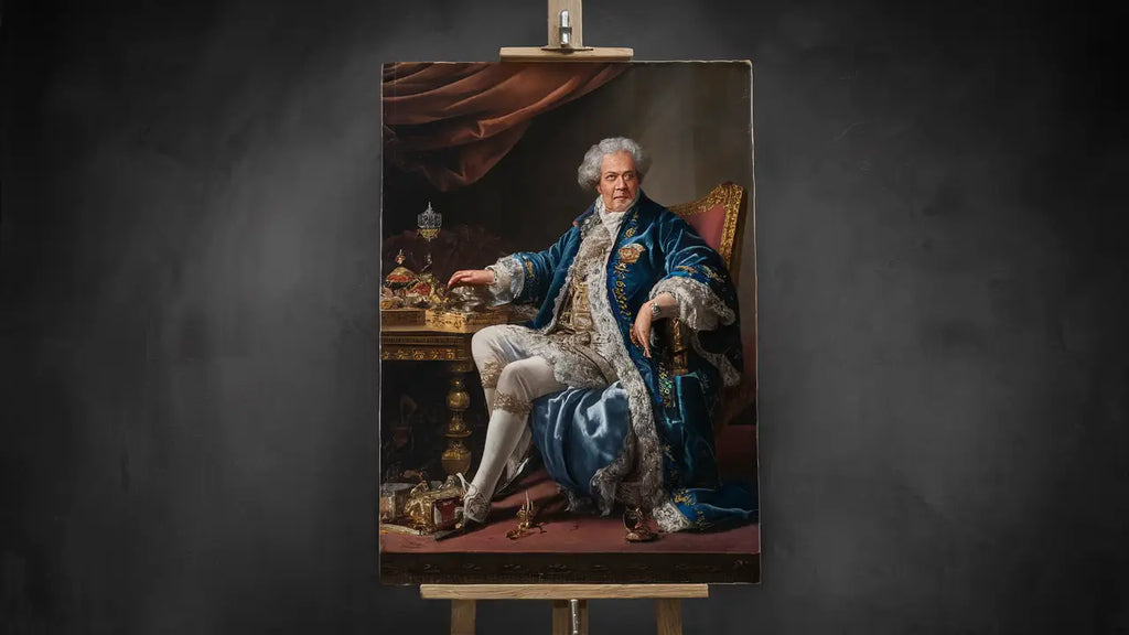 portrait classique encadré d’un homme en robe de velours bleu ornée de broderies dorées assis sur une chaise dorée dans un article sur comment choisir le cadeau parfait conseils simples et efficaces