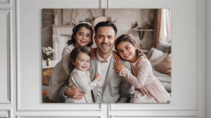 un tableau photo encadré personnalisé montrant un homme souriant avec ses trois filles sur un mur blanc à panneaux comme idée cadeau pour papa