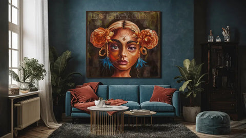 Portrait stylisé vibrant d’une femme avec des accessoires de cheveux orange et bleu accroché sur un mur bleu sarcelle foncé pour décorer vos murs avec des idées originales.