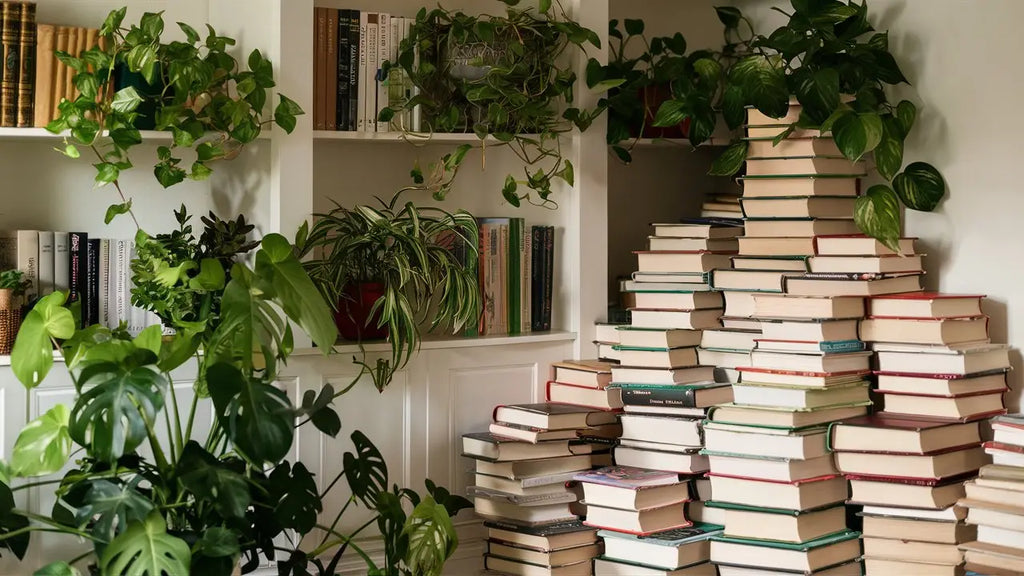 Pyramide haute de livres reliés avec couvertures variées et verdure tombante pour décorations maison embellissant les murs.