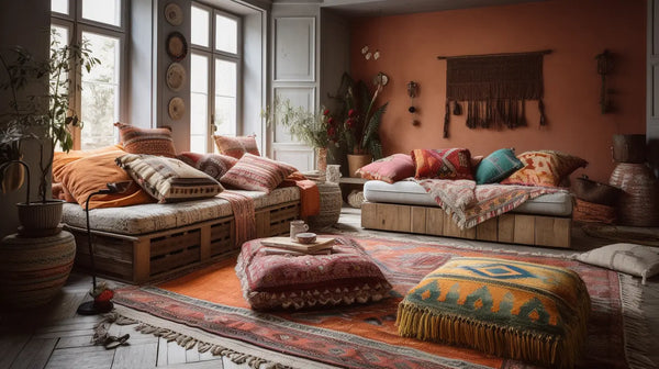 salon confortable avec murs orange, mobilier en palettes en bois, coussins et tapis à motifs, illustration pour 10 idées de déco époustouflantes qui transformeront votre maison en un paradis