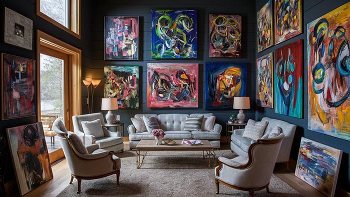 le salon présente un canapé tufté gris clair en tissu avec coussins assortis et une table basse en bois au centre dans un article sur comment trouver la meilleure œuvre abstraite pour vous