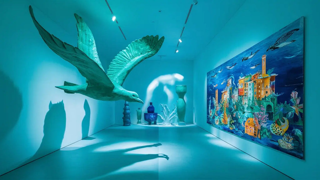 un grand oiseau sculpté de couleur bleu sarcelle avec les ailes déployées suspendu dans un espace de galerie pour décorer la maison avec des toiles uniques
