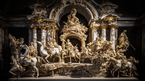sculpture baroque dorée ornée représentant une scène de bataille dynamique avec des chevaliers montés et des personnages en armure élaborée dans larticle l’histoire fascinante du tableau un voyage à travers le temps