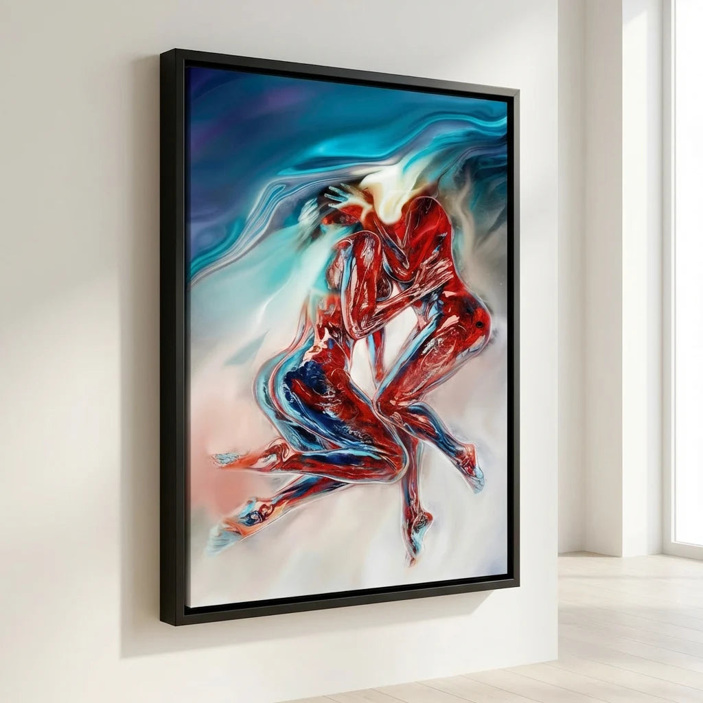 Sensual Painting: Modern Fusion of Love - 16 x 24 in  Black Floating Frame  Sexy Painting