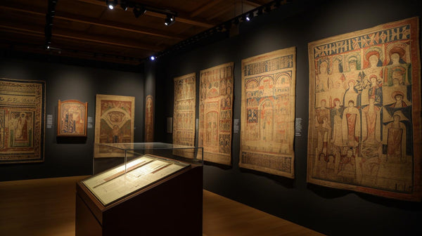 une série de tapisseries anciennes ornées de scènes religieuses complexes avec des détails dorés fanés suspendues sur des murs sombres dans une galerie de musée dans un article intitulé lhistoire fascinante du tableau un voyage à travers le temps