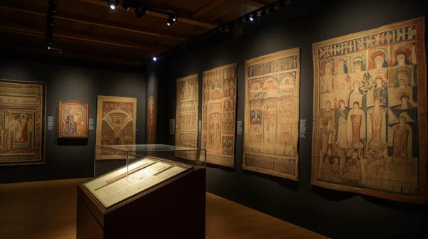 une série de tapisseries anciennes ornées de scènes religieuses complexes avec des détails dorés fanés suspendues sur des murs sombres dans une galerie de musée dans un article intitulé lhistoire fascinante du tableau un voyage à travers le temps