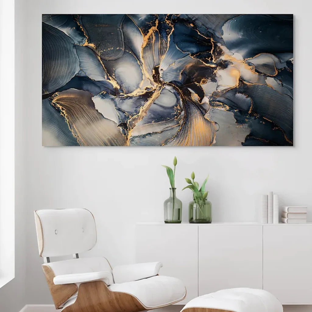 Tableau décoratif abstrait bleu pétrole avec veines dorées