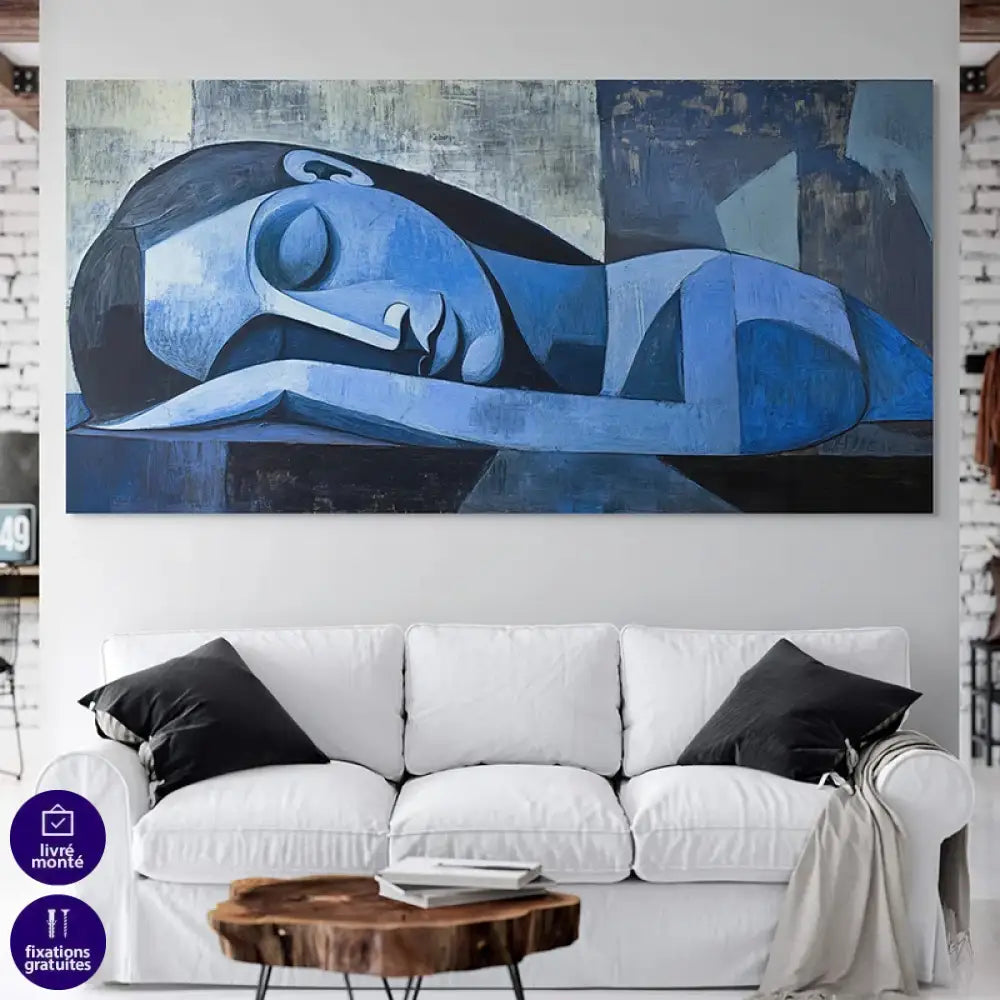 Grand tableau abstrait bleu – rêve cubiste contemporain