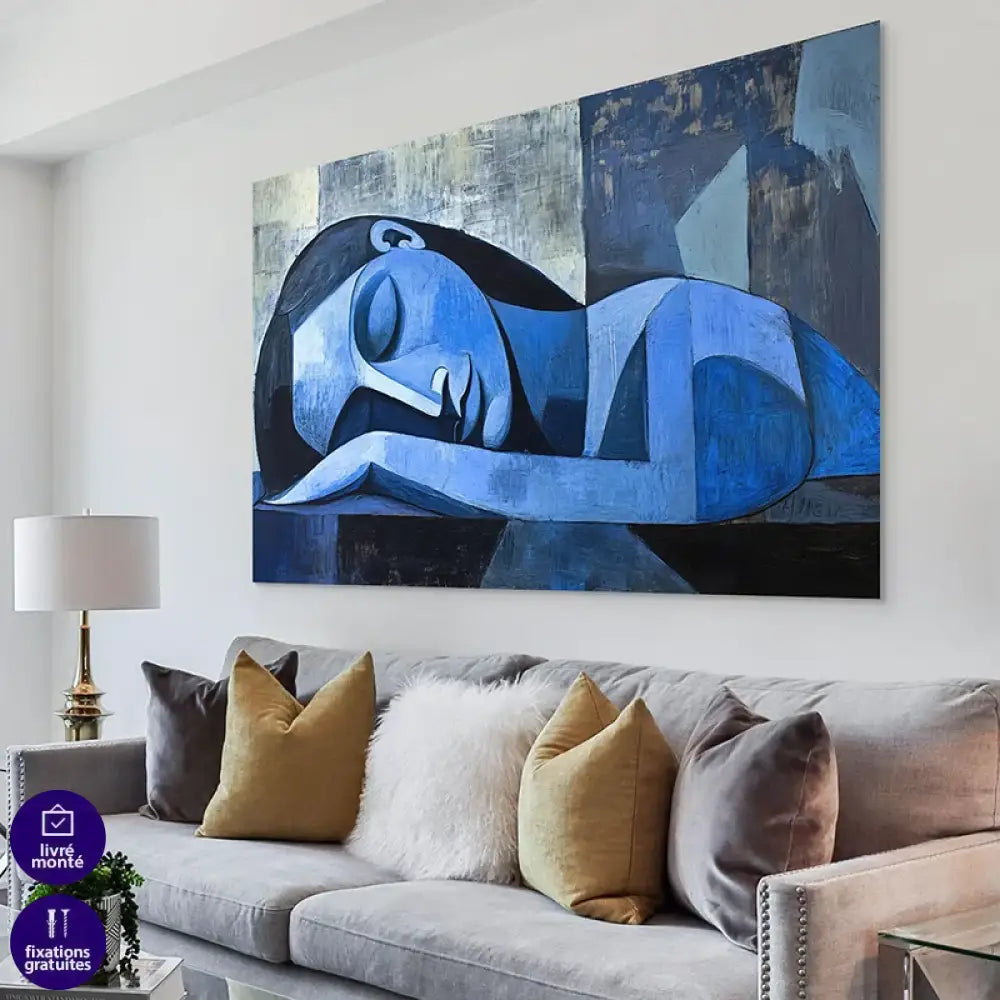 Tableau abstrait bleu cubiste – femme endormie, art moderne
