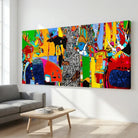 Tableau abstrait forêt graphique jaune vert bleu – déco salon tendance