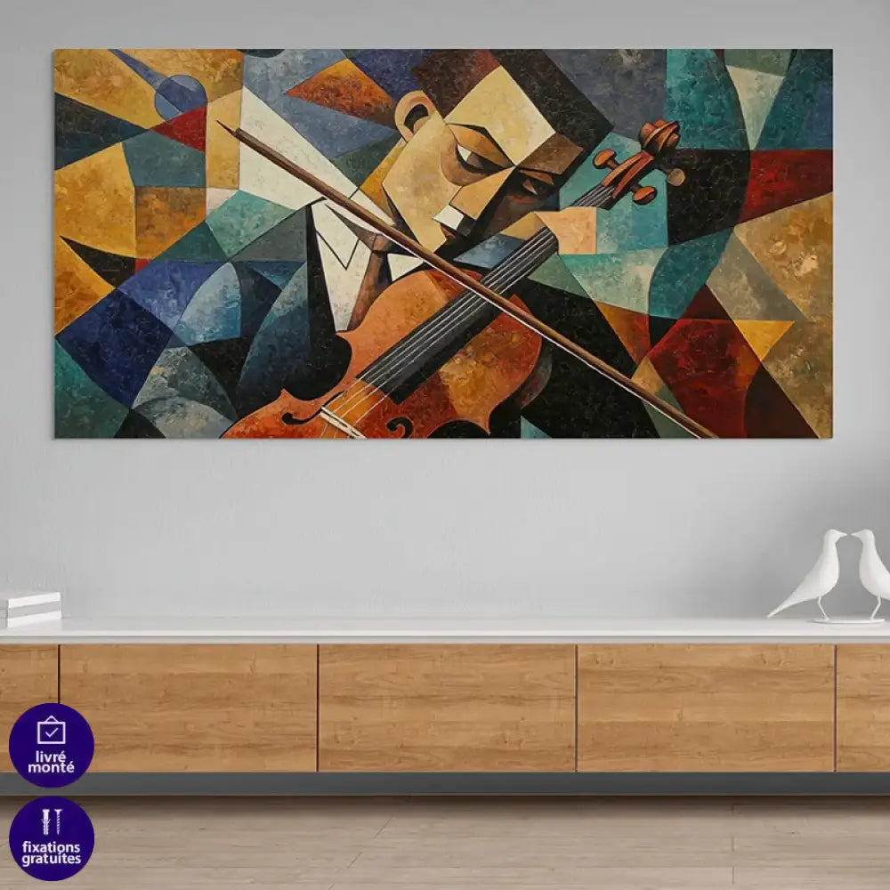 Grand tableau musicien – violon en couleurs cubistes pour déco salon