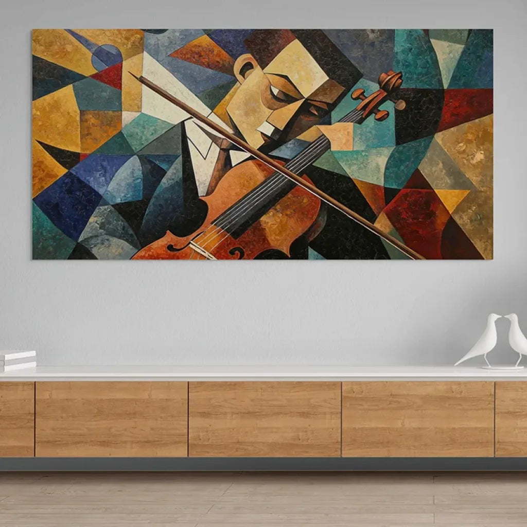 Grand tableau musicien – violon en couleurs cubistes pour déco salon