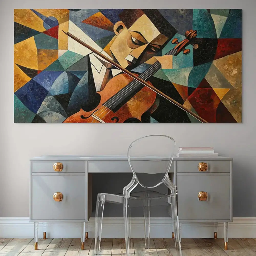 Tableau violon cubiste – musicien en teintes ocres et bleues, art moderne